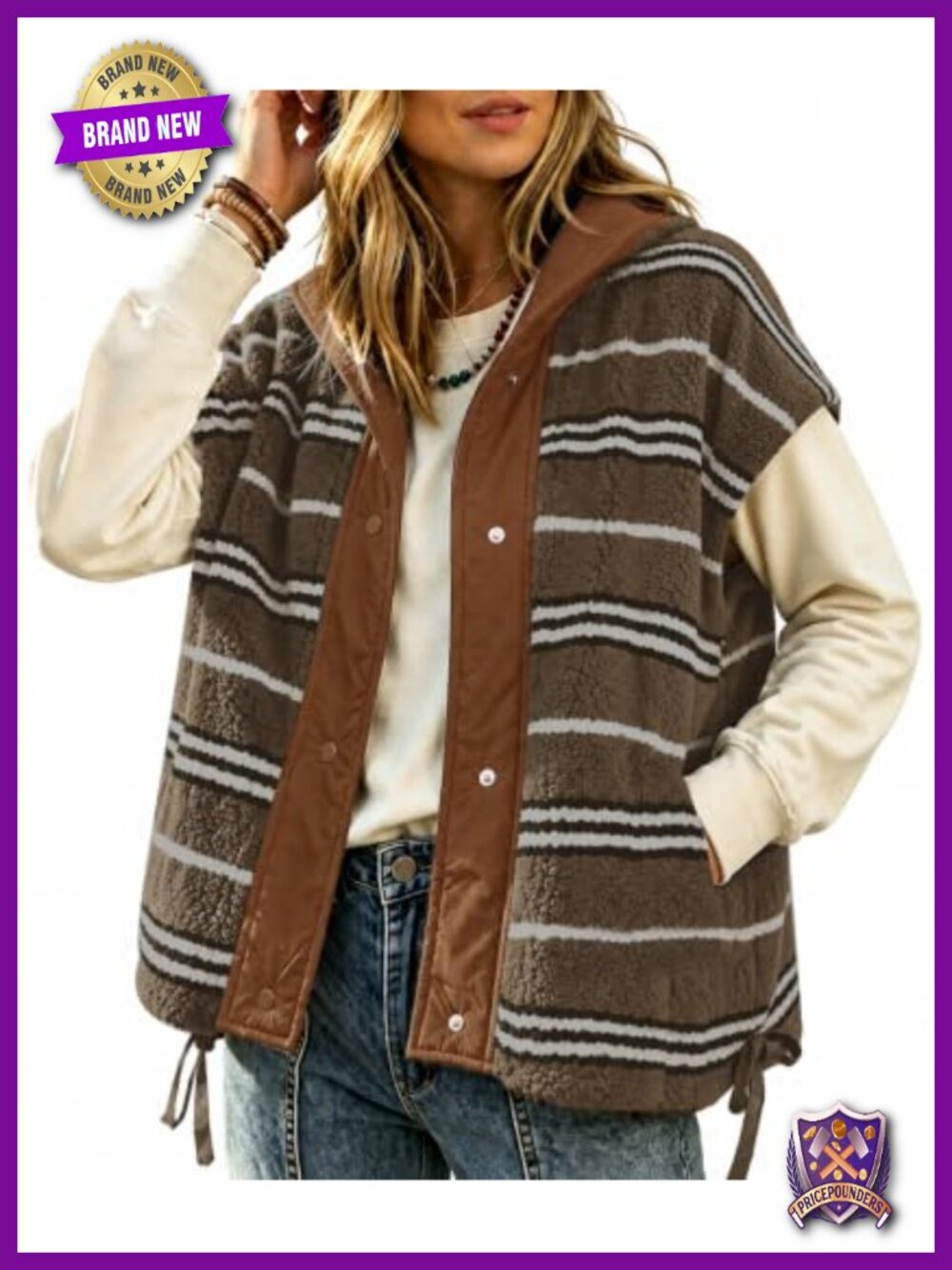 Womens Fleece Vest Sherpa Sleeveless Button Jacket Aztec Striped